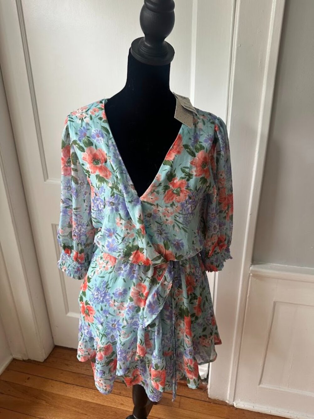 Short Sienna Sky aqua floral dress, size small; BNWT
